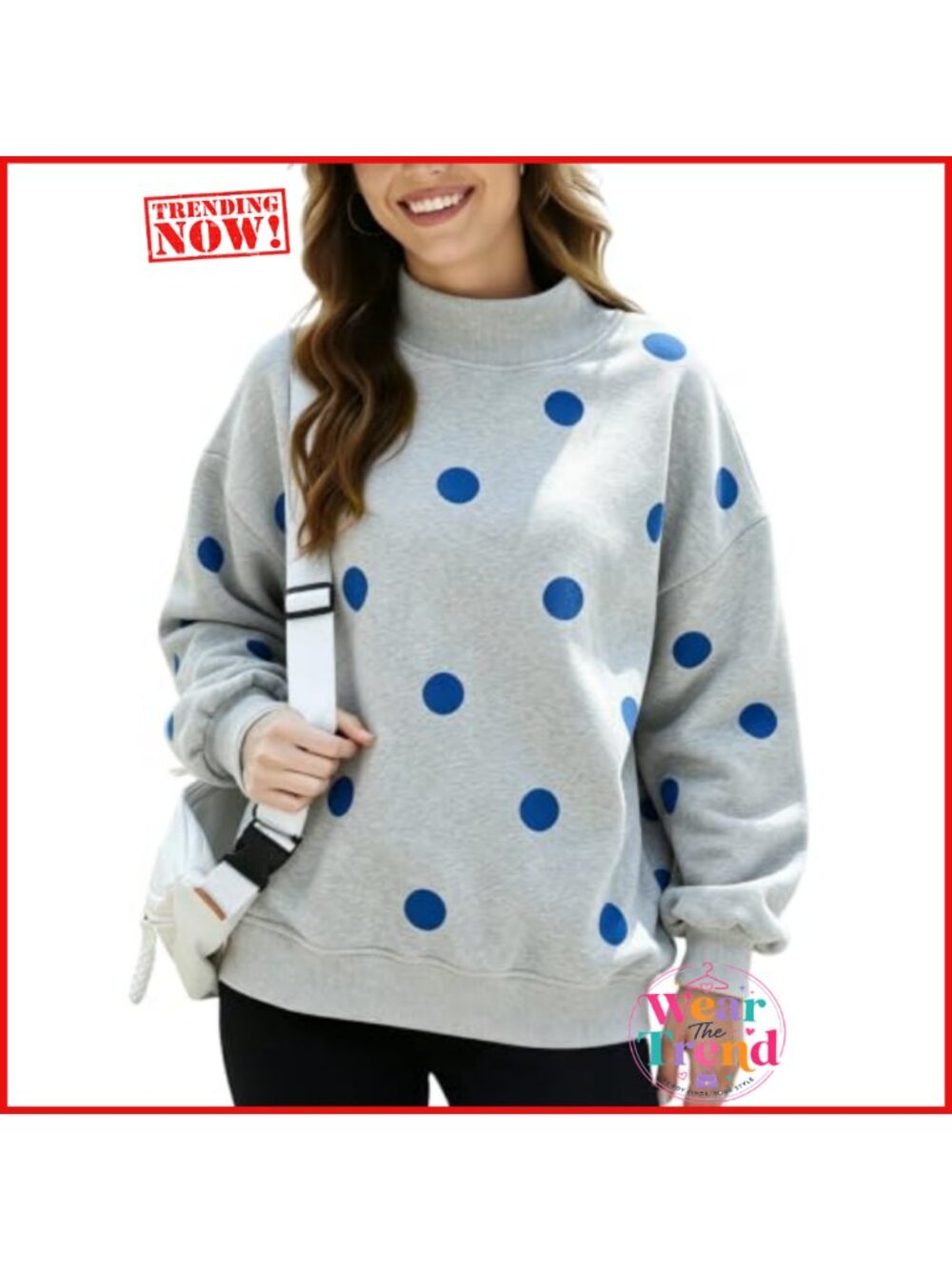 Mock Neck Polka Dot Oversized Sweatshirt Cotton Blend Pullover